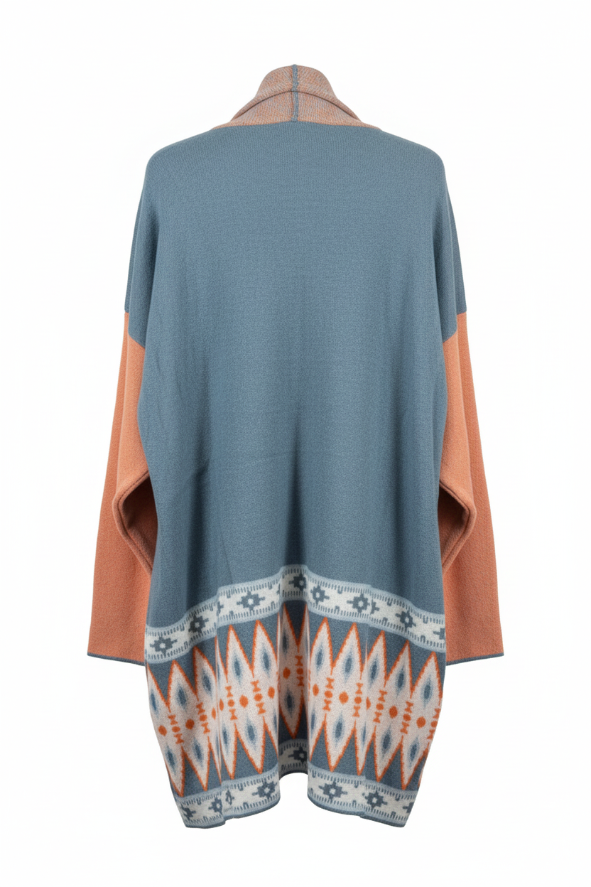Color-block cardigan - back view showing Aztec geometric print border trim