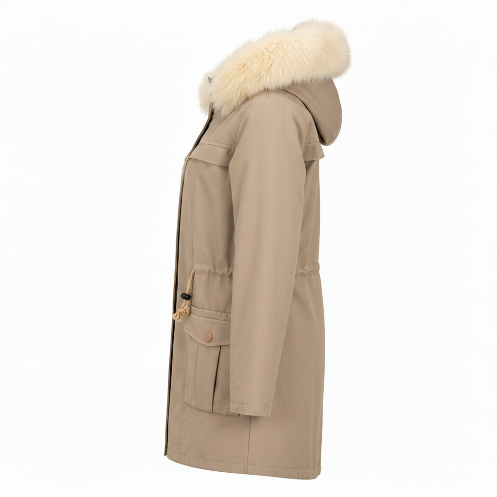 Women's beige hooded parka coat side view, rope toggle drawstring waist, midi length, relaxed silhouette