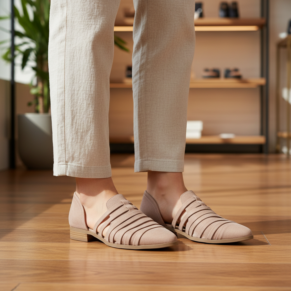 Woman in stone cage strap Qupid d'Orsay flats on warm wood floor in boutique interior, linen trousers and natural light