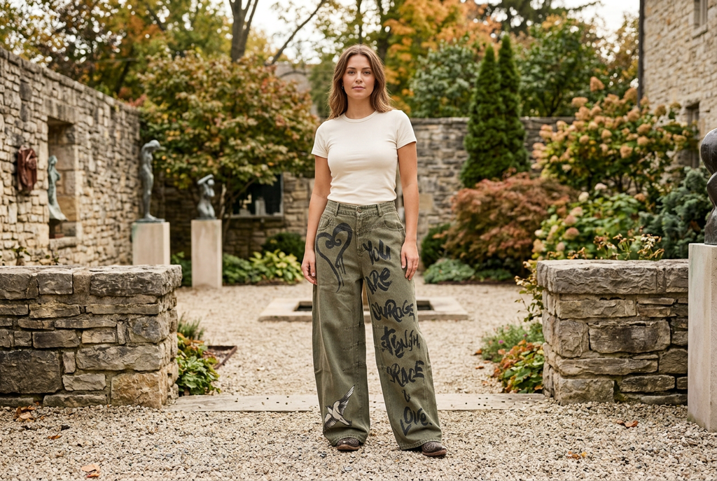 Woman wearing olive graphic barrel jeans and an ivory tee in a stone sculpture garden.