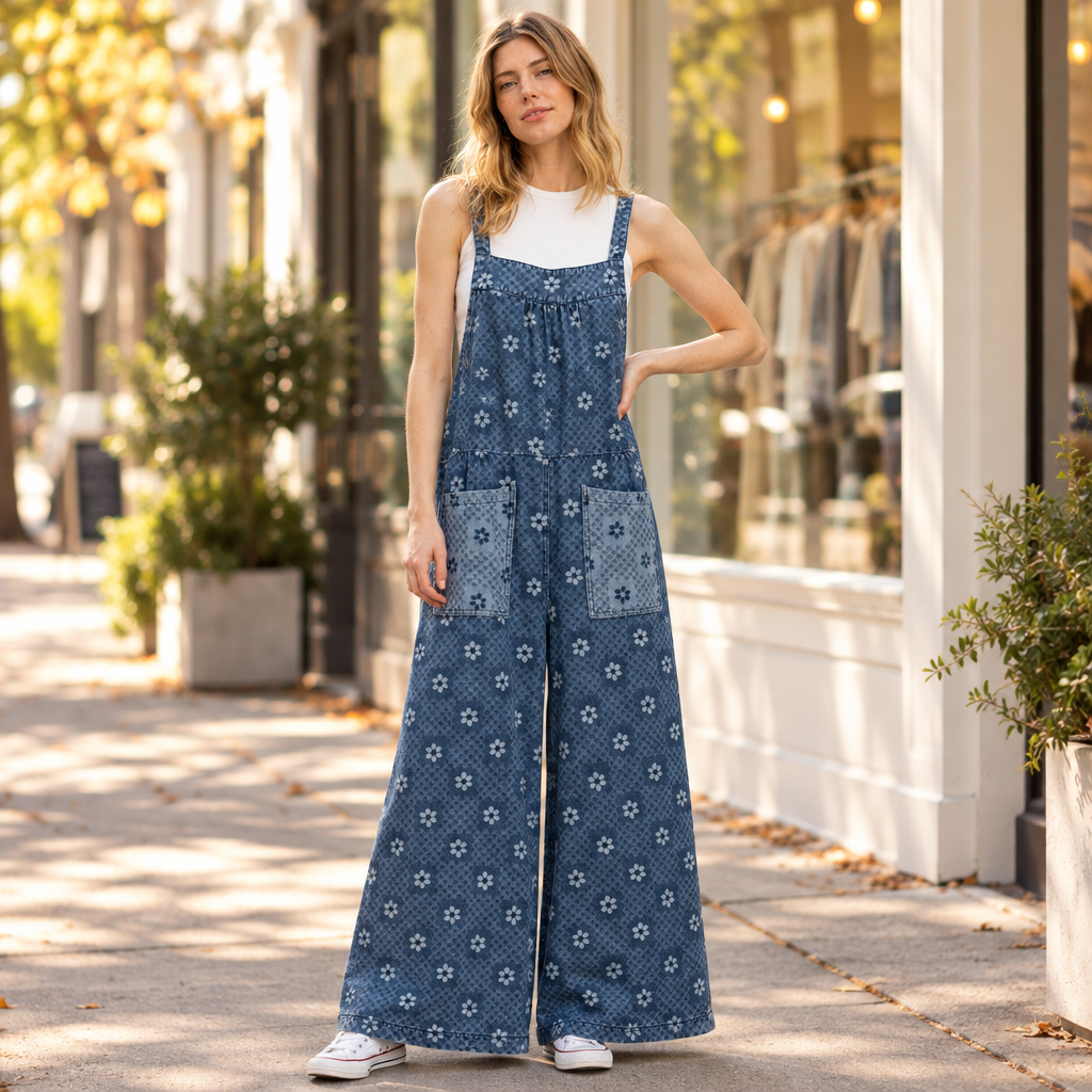 Blue Velvet women's blue floral checker denim wide-leg jumpsuit on a sunny boutique sidewalk - BellanBlue