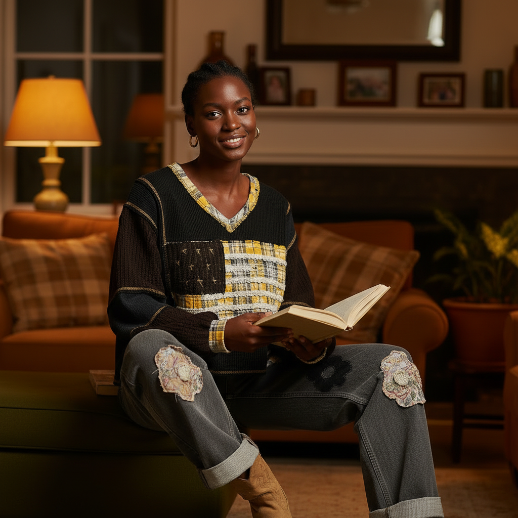 Women's black plaid thermal knit oversized V-neck top styled for a cozy at-home fall weekend look