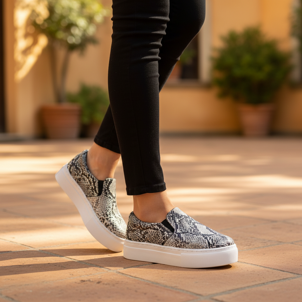 Women's black white python platform sneaker styled with black pants Mediterranean courtyard