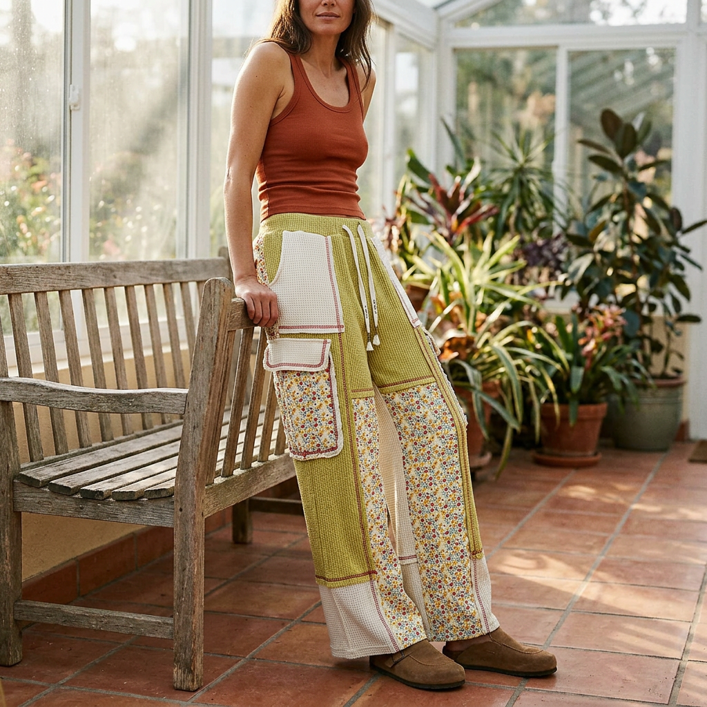 POL Clothing women's lime green floral patchwork pants styled beside a wooden sunroom bench