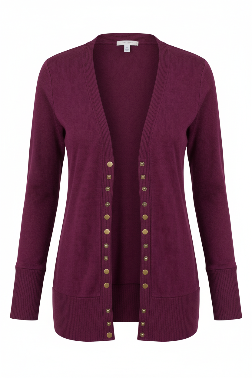 Soft ribbed snap button cardigan in wine burgundy, front view showing decorative buttons and ribbed knit texture