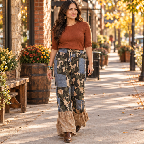 A Rare Bird Shop women's camo and blue patchwork pants styled with a rust top on a downtown sidewalk
