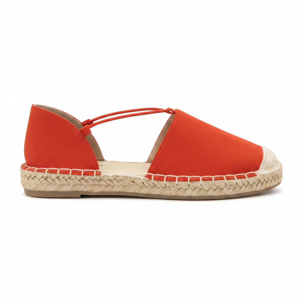 Blood orange suede-look espadrille flat with elastic cross-cord ankle strap and braided jute sole, side profile view, white background