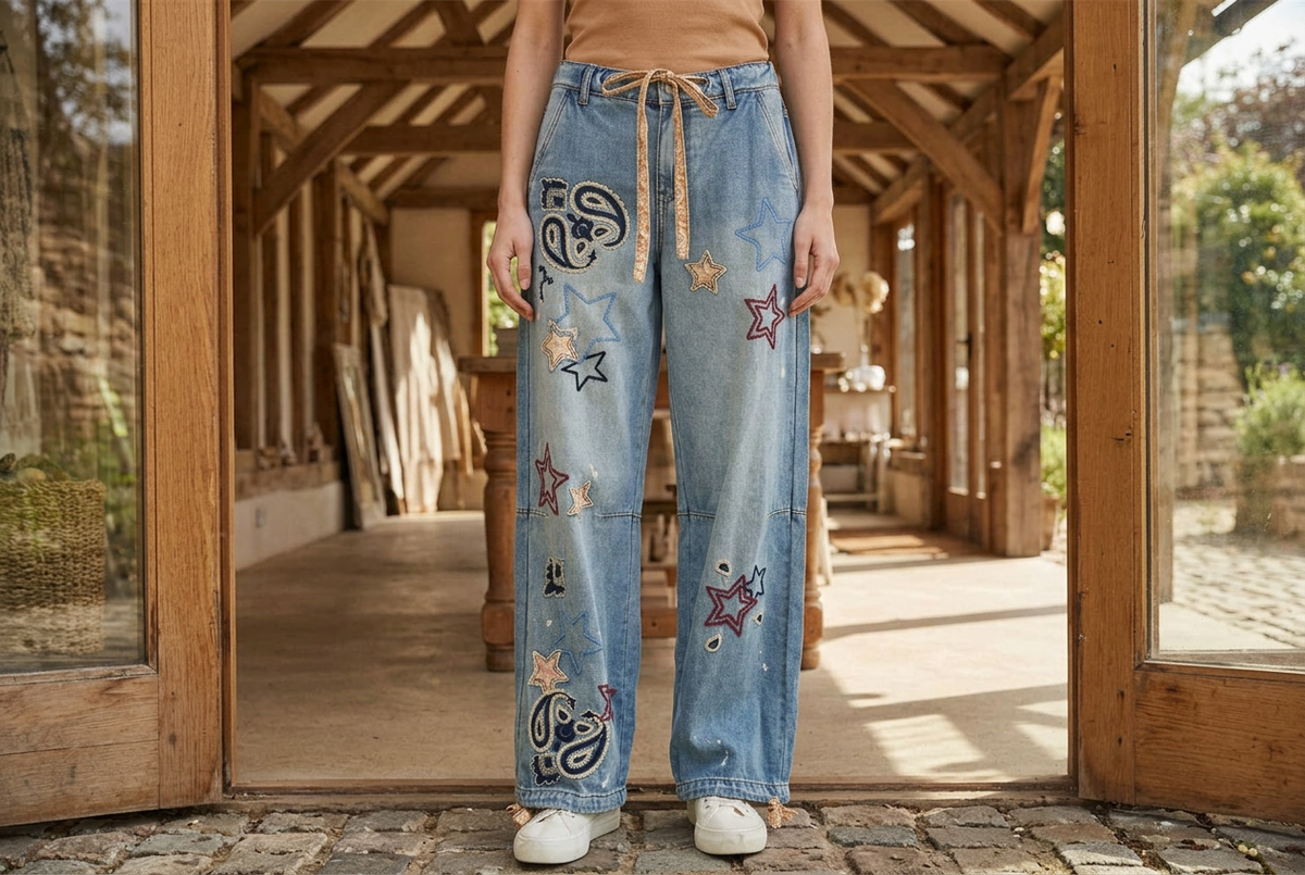 Front view of long blue embroidered wide-leg jeans and white sneakers in a timber-framed doorway