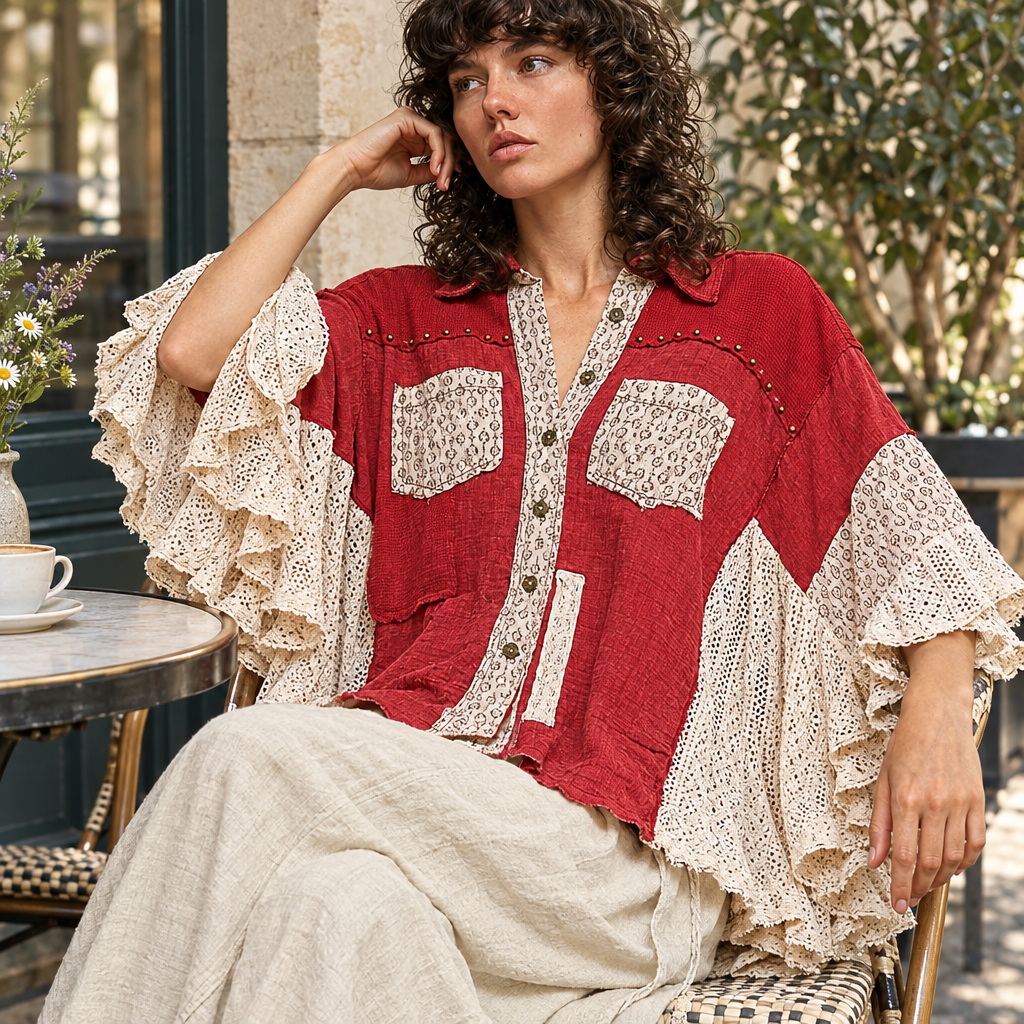 POL Clothing women's ruby red lace shirt with ruffled sleeves, seated at outdoor cafe