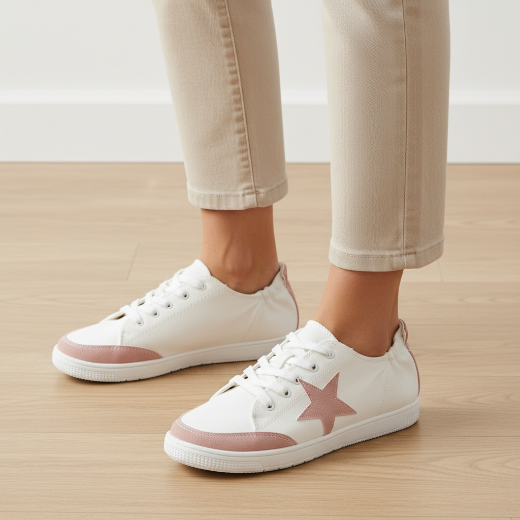 Women's blush pink star canvas sneakers lifestyle shot step forward pose on wood floor lace-up low top - BellanBlue