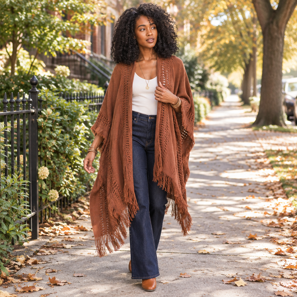 Leto Collection women's brown open-front ruana with fringe on a tree-lined sidewalk