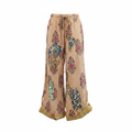 Women's golden peach wide-leg palazzo pant, patchwork floral print, blue medallion panel, crinkled cotton, oversized fit - BellanBlue