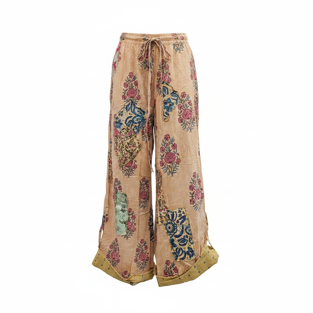 Women's golden peach wide-leg palazzo pant, patchwork floral print, blue medallion panel, crinkled cotton, oversized fit - BellanBlue