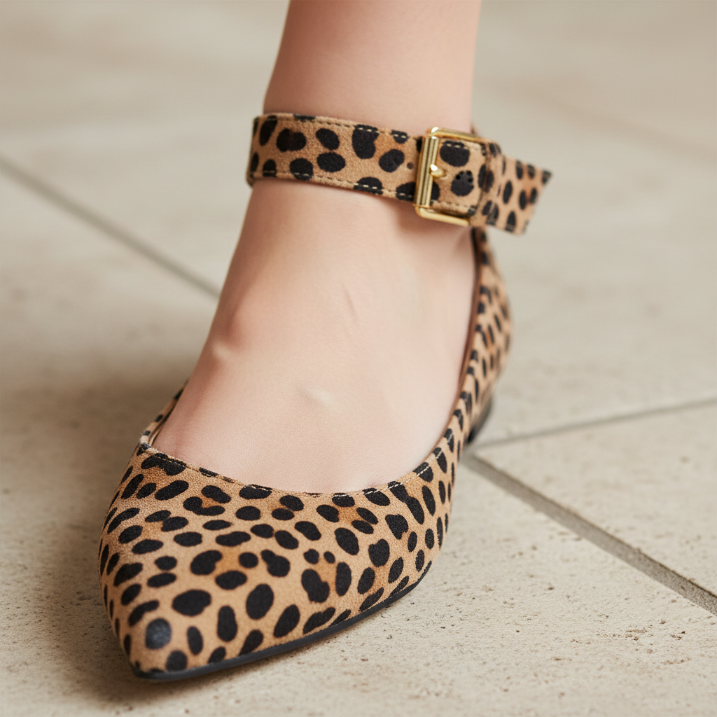 Close-up detail of Faryl Robin BLUSH-100 leopard flat highlighting adjustable ankle strap, bow detail, and gold hardware pin