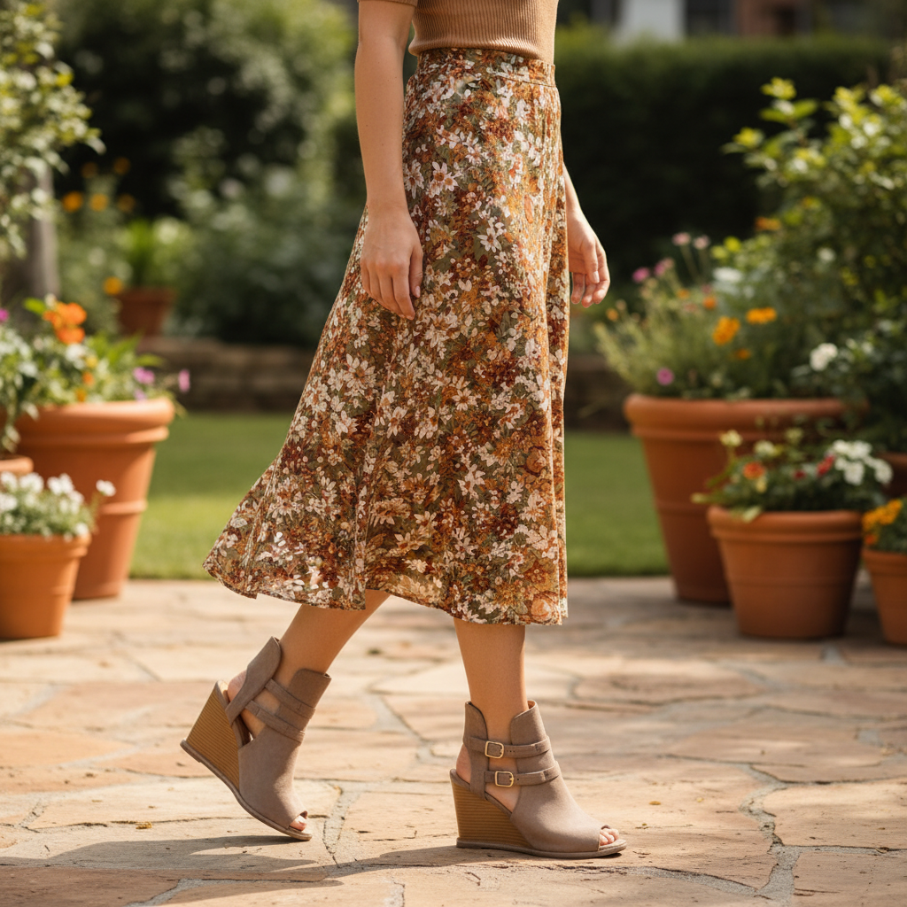 Women's taupe suede-look wedge booties with open slingback and gold buckle straps, garden patio styling
