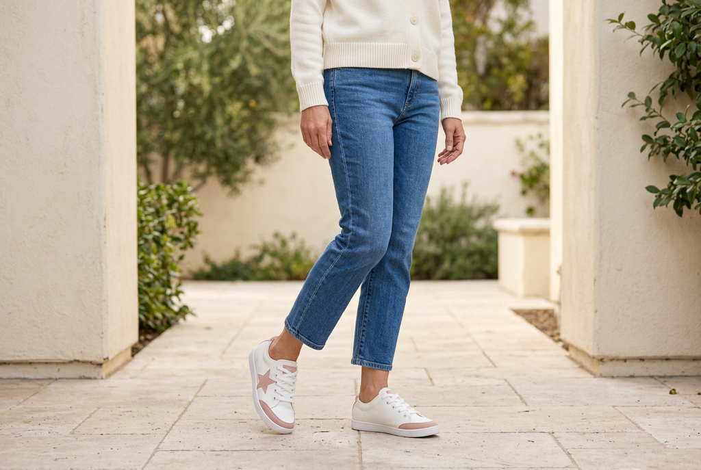 Women's white canvas sneakers with blush pink star and toe details, styled with blue jeans in a cream courtyard