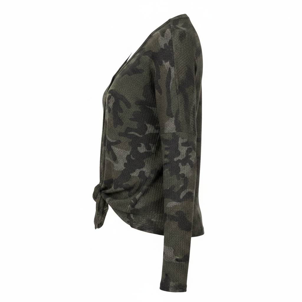 Women's camo front-tie top side view, dark olive camouflage knit with tied hem detail, long sleeves