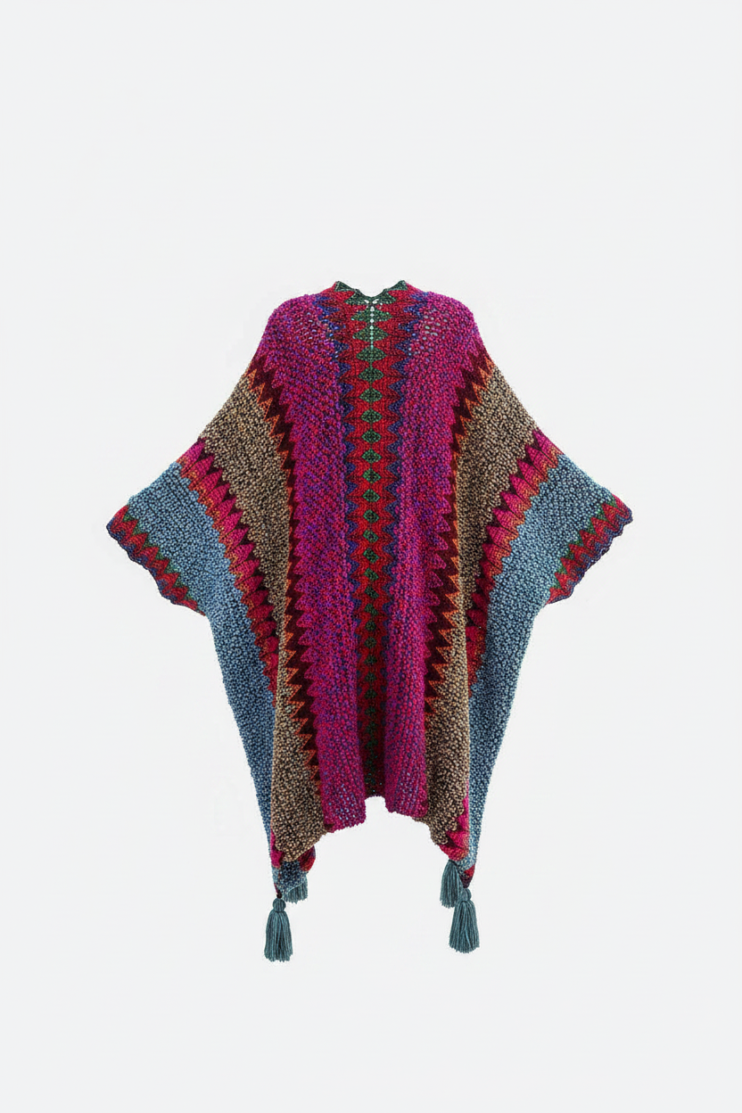 Back view of women's multicolor chevron knit boho kimono cardigan ghost mannequin magenta blue teal tassel trim maxi length