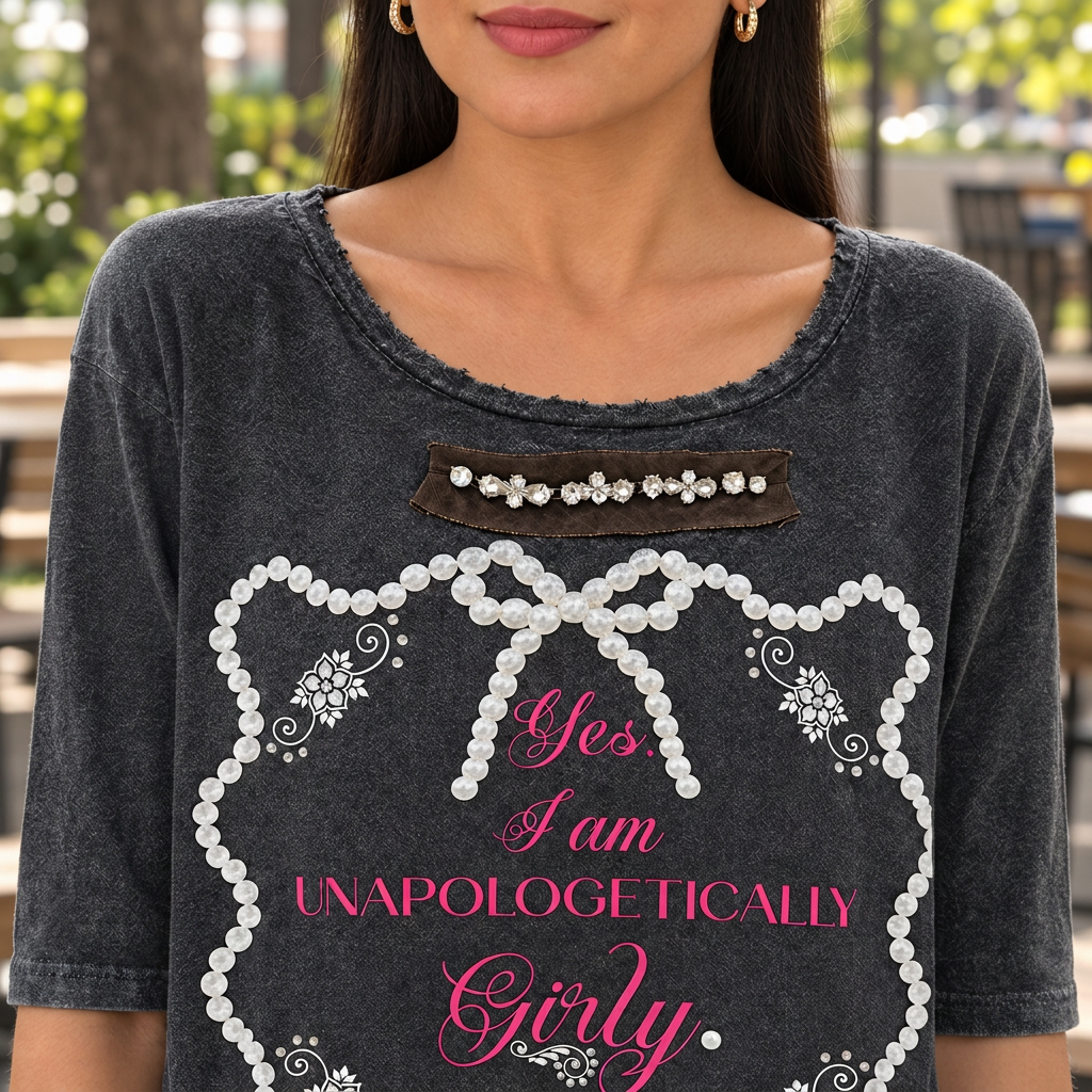 A Rare Bird Shop charcoal Girly graphic tee close-up with extended sleeves, distressed neckline and embellished chest trim