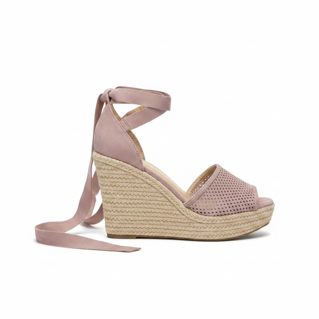 Mauve-grey perforated espadrille wedge sandal outer side profile showing full jute rope braided wedge heel and ribbon tie