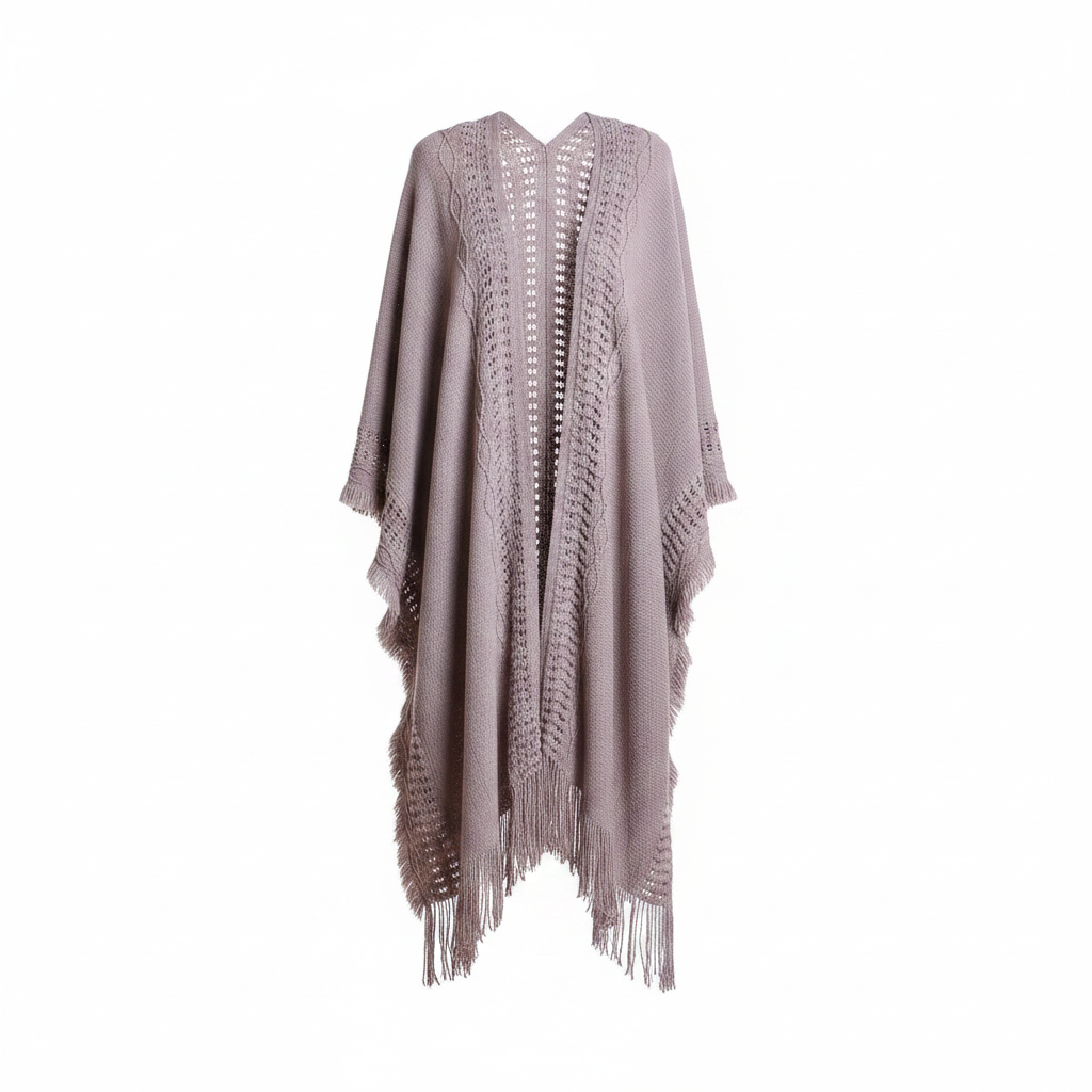 Women's gray open-knit ruana wrap, front view, batwing silhouette, ladder-stitch panels, fringe hem