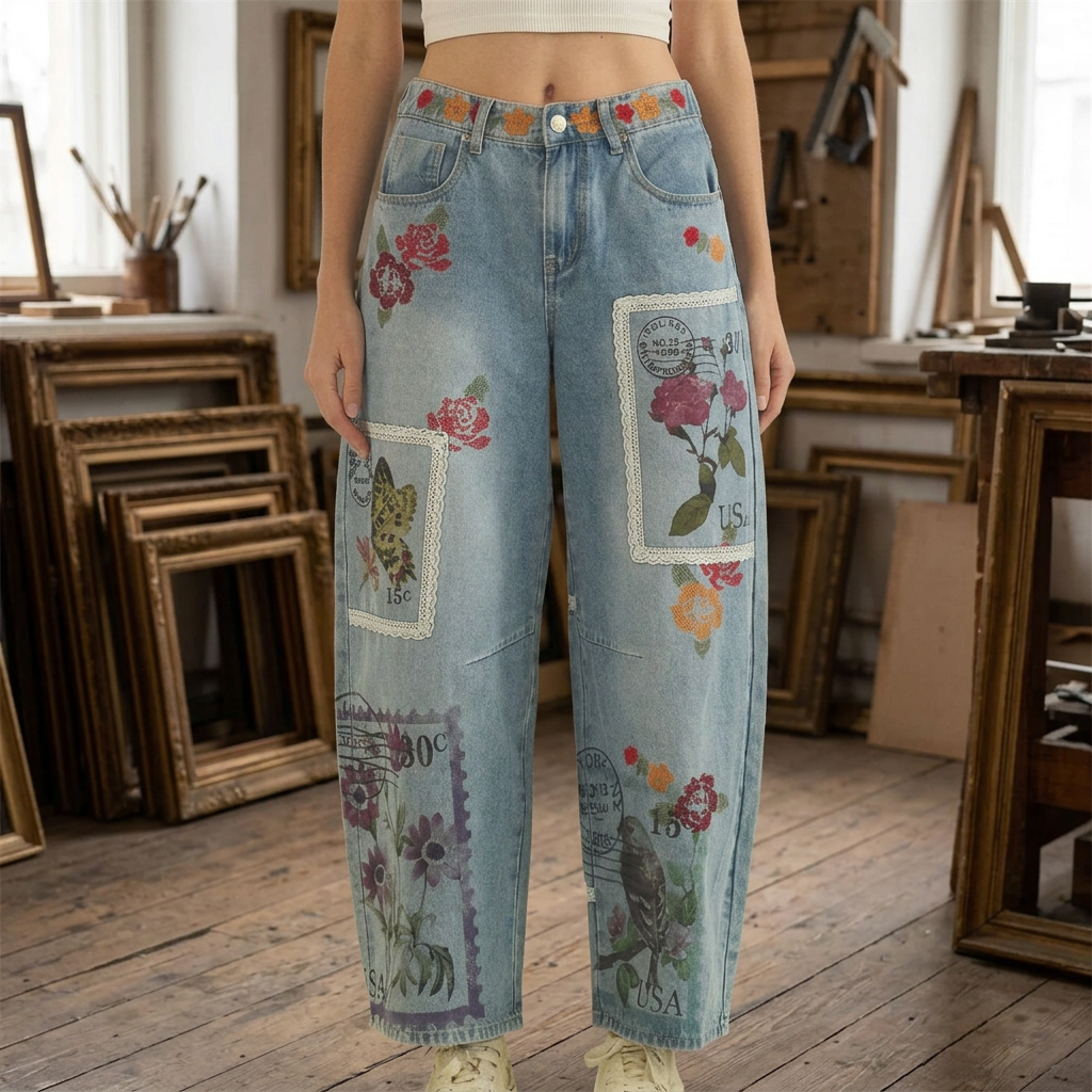Front detail of washed blue jeans showing floral embroidery, lace-edged postage panels and button closure