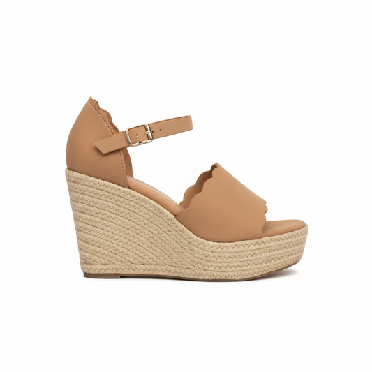 Side profile of women's platform espadrille wedge sandals showing jute sole and wedge height