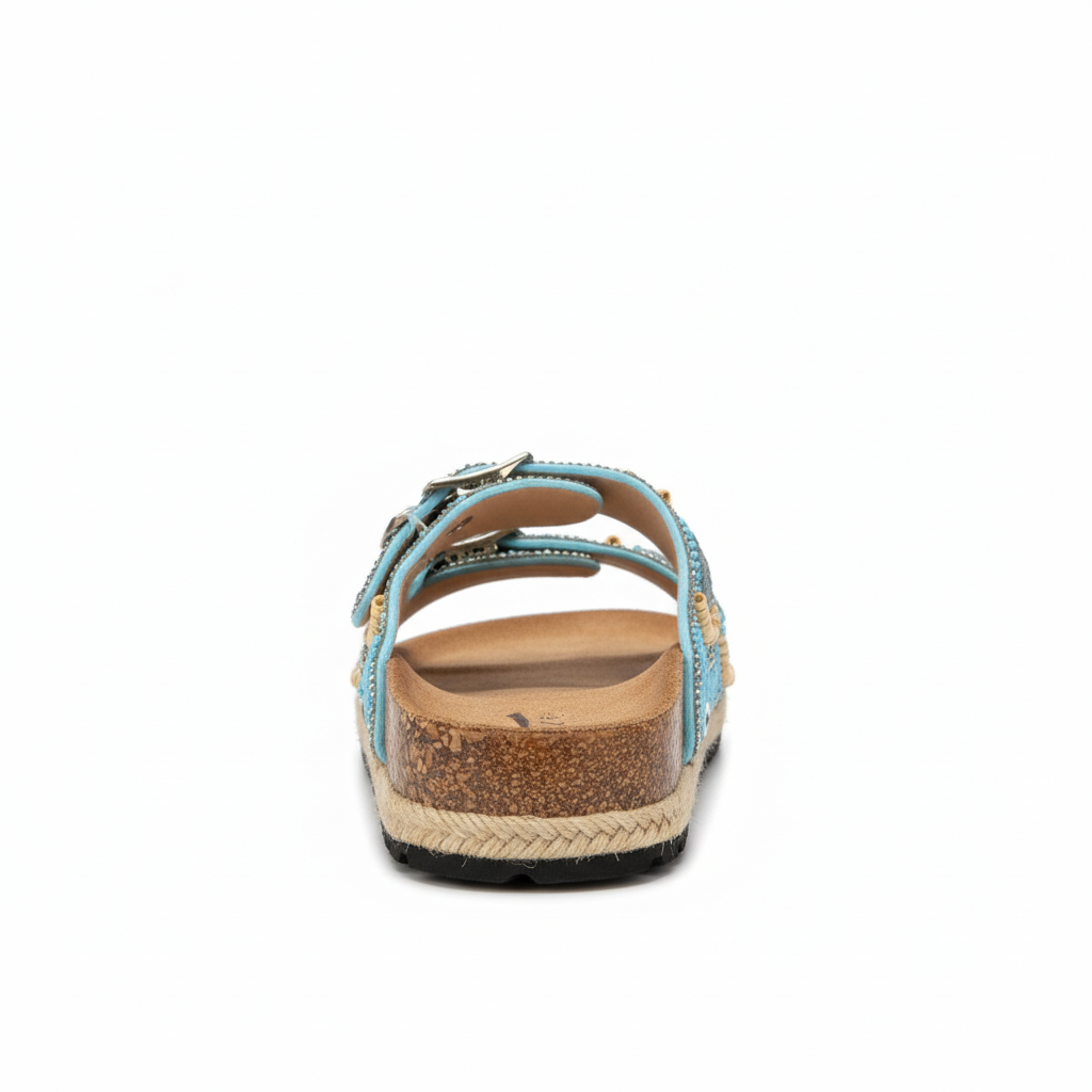 Blue embellished espadrille sandal back view on pure white background showing heel construction and rhinestone decorated straps