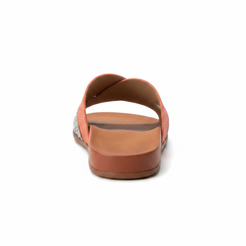 Back view of women's flat slide sandal showing cognac leather heel and terracotta cross strap snakeskin detail - BellanBlue