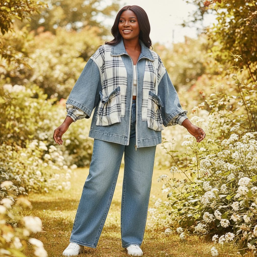 Women's slate blue plaid mixed media zip jacket, balloon sleeves, drawstring pockets, washed denim relaxed fit - BellanBlue