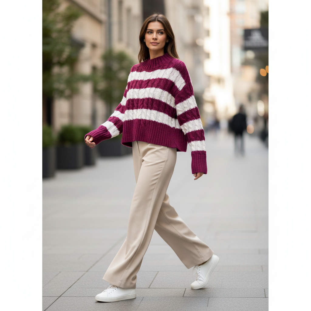 Love Tree women's violet cream cable knit striped mock neck sweater walking city sidewalk casual weekend