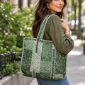 POL Clothing women's Green Multi quilted tote with paisley print, shoulder-carry close-up