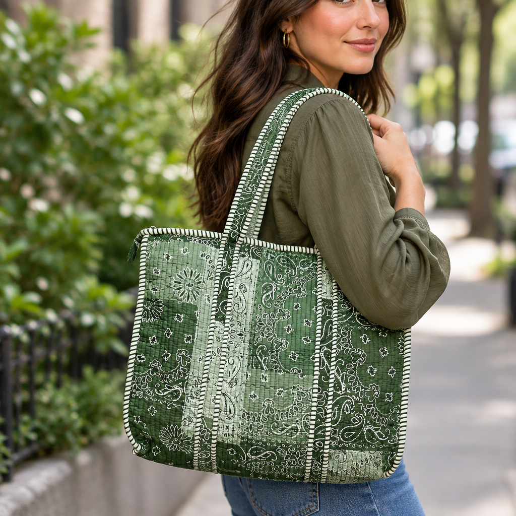 POL Clothing women's Green Multi quilted tote with paisley print, shoulder-carry close-up