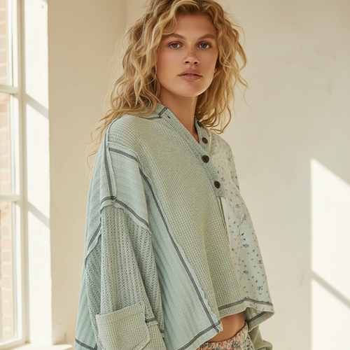 POL Clothing patchwork thermal hoodie top close-up, button henley neckline, pointelle knit detail