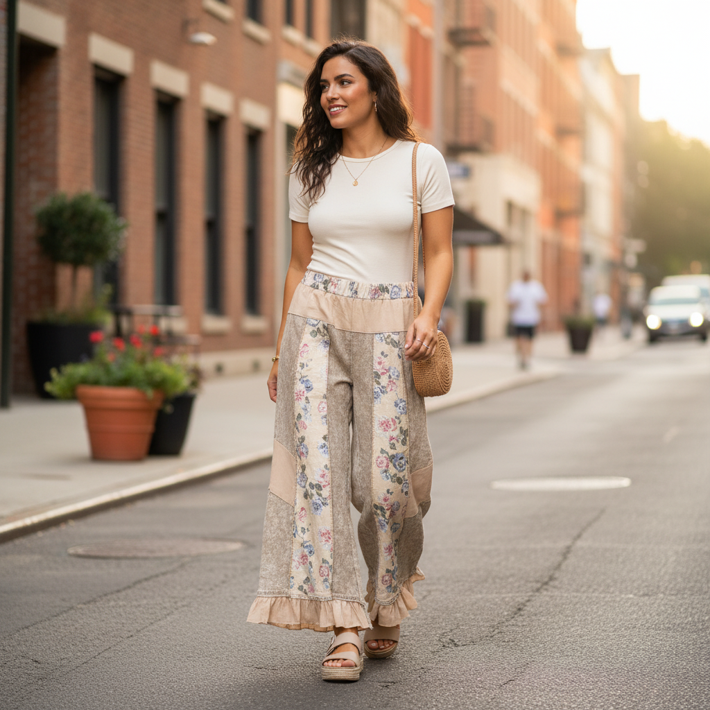 Women's beige patchwork floral woven relaxed wide-leg pants, mineral wash finish - BellanBlue