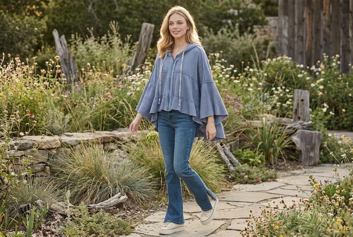 Light blue waffle hoodie with flowing wide sleeves and tiered high-low hem, worn on a garden path