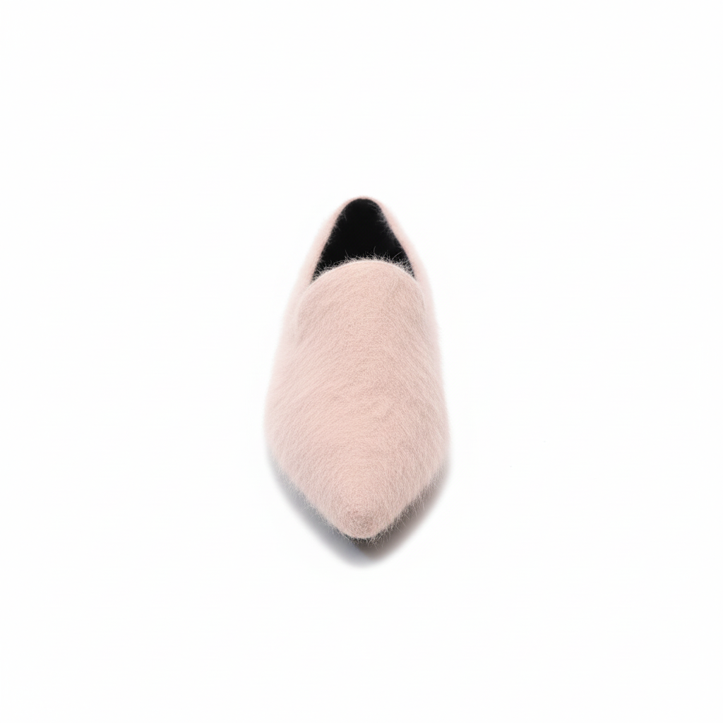 Pink fuzzy ballet slippers on white background - product photography