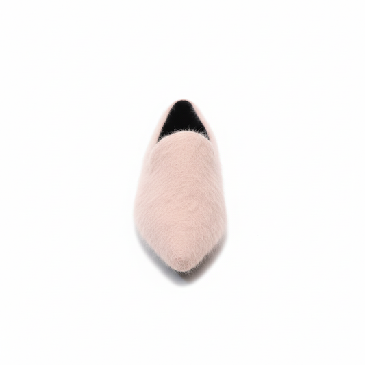 Pink fuzzy ballet slippers on white background - product photography