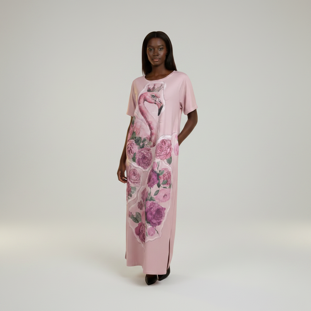 Women's blush pink flamingo graphic maxi dress hand in pocket elegant pose caftan silhouette studio