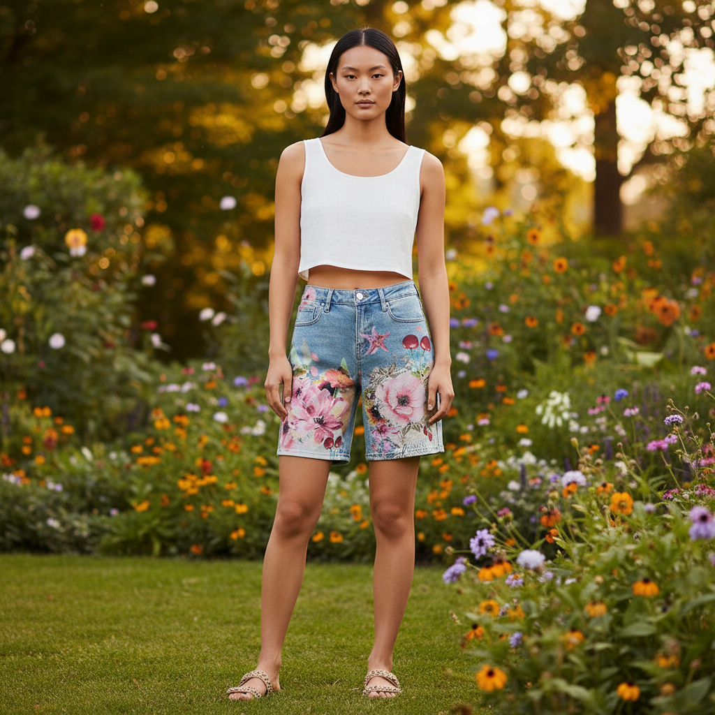 Women's light blue floral print denim Bermuda shorts garden editorial linen top - BellanBlue