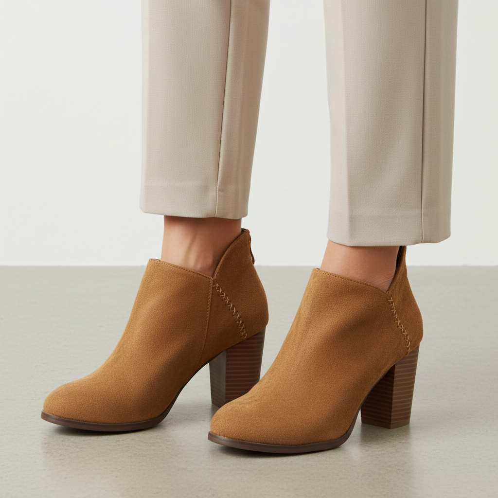 Women's tan suede ankle bootie lifestyle shot step forward pose on stone surface gold cross-stitch back detail stacked block heel