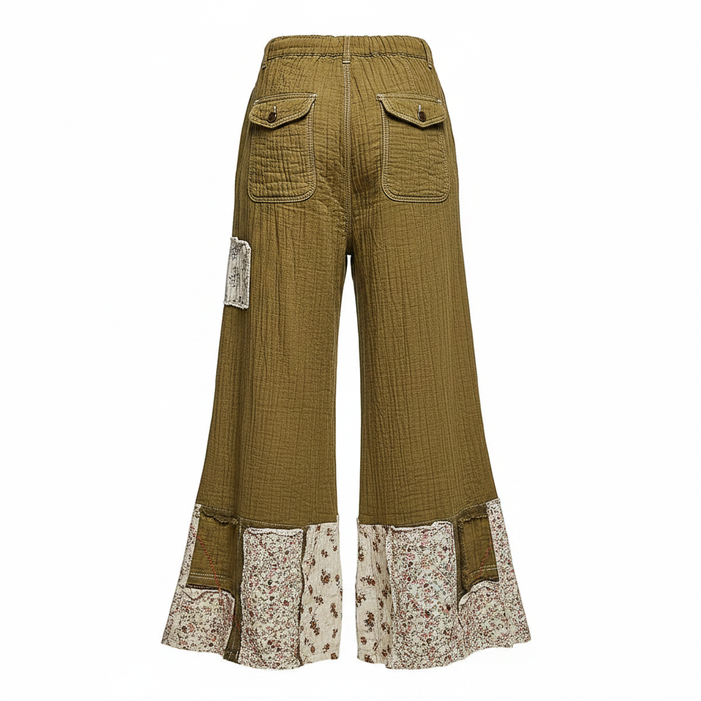 Women's army green crinkle pants back view, ghost mannequin, floral patchwork hem, back flap pockets