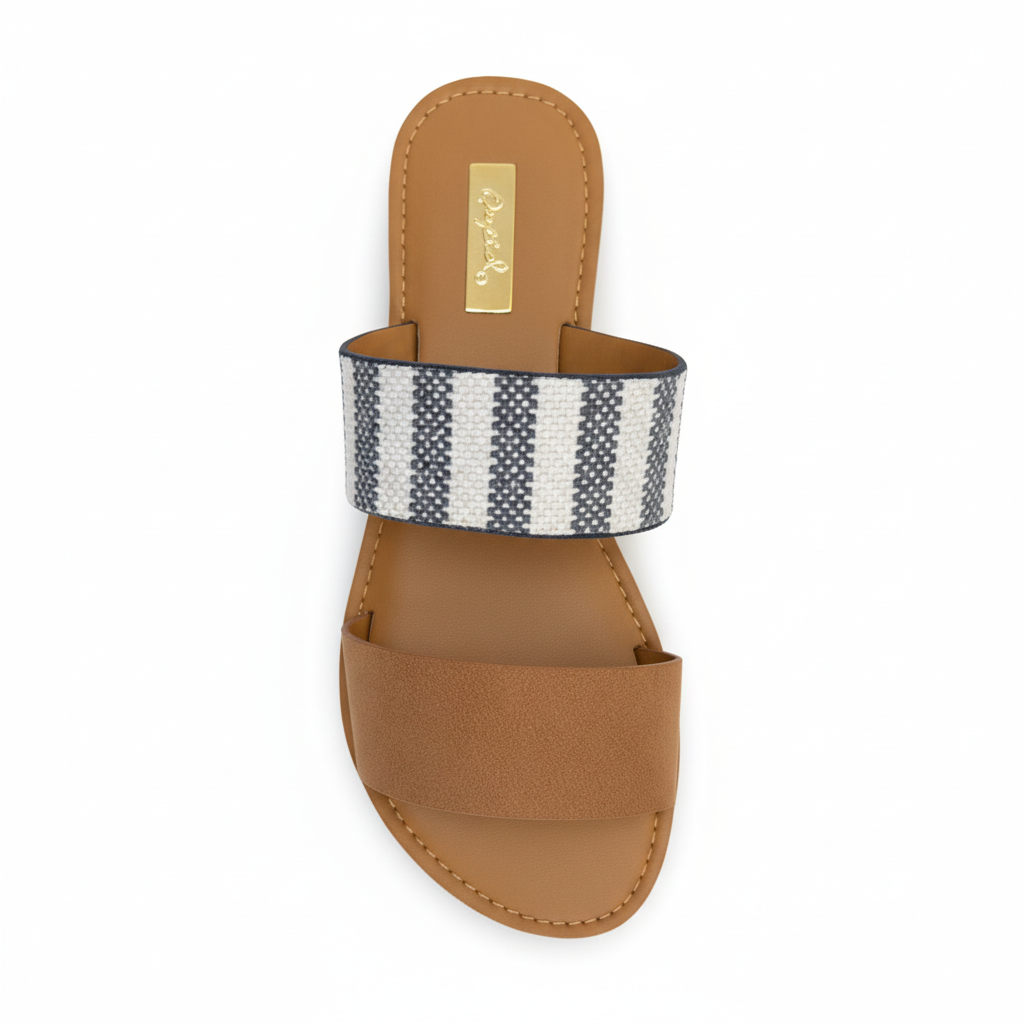 Qupid camel tan two-band slide sandal top view showing striped woven strap and gold brand plate footbed