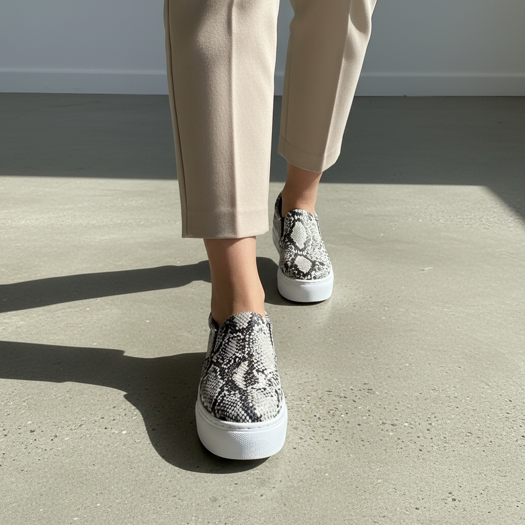 Women's black white snakeskin platform slip-on sneaker concrete floor lifestyle - BellanBlue
