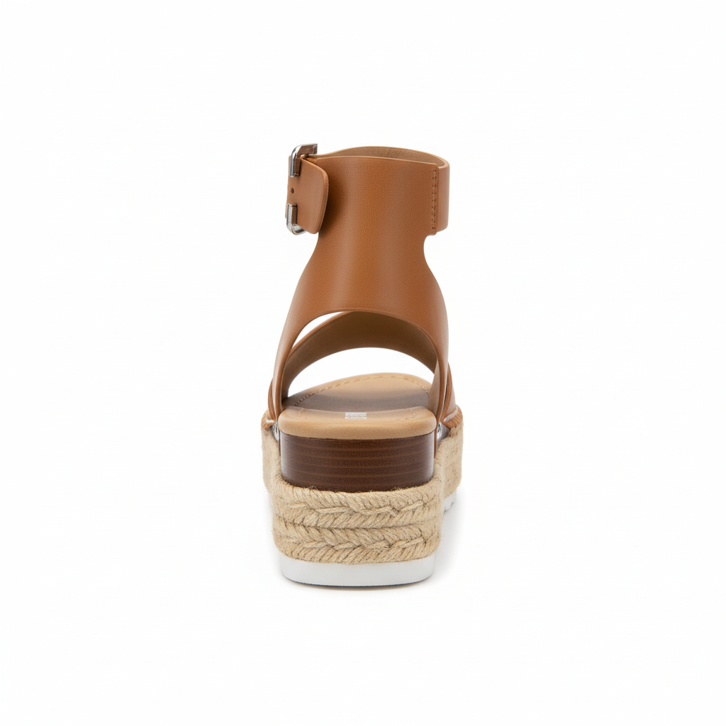 Women's tan caramel leather espadrille platform sandal back view ankle strap silver square buckle jute braided platform heel