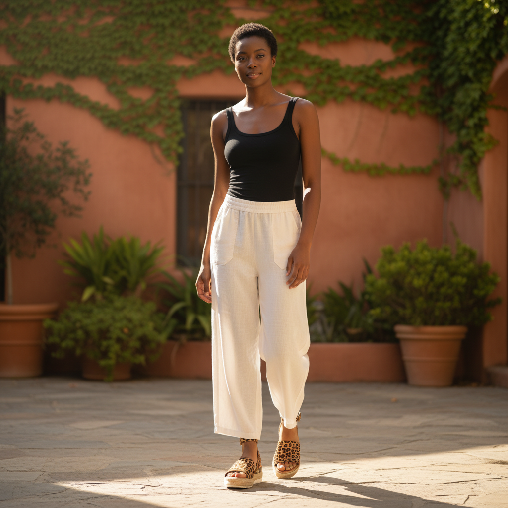 Women's leopard print espadrille platform sandals with ankle strap styled with wide-leg cream trousers in sunlit courtyard