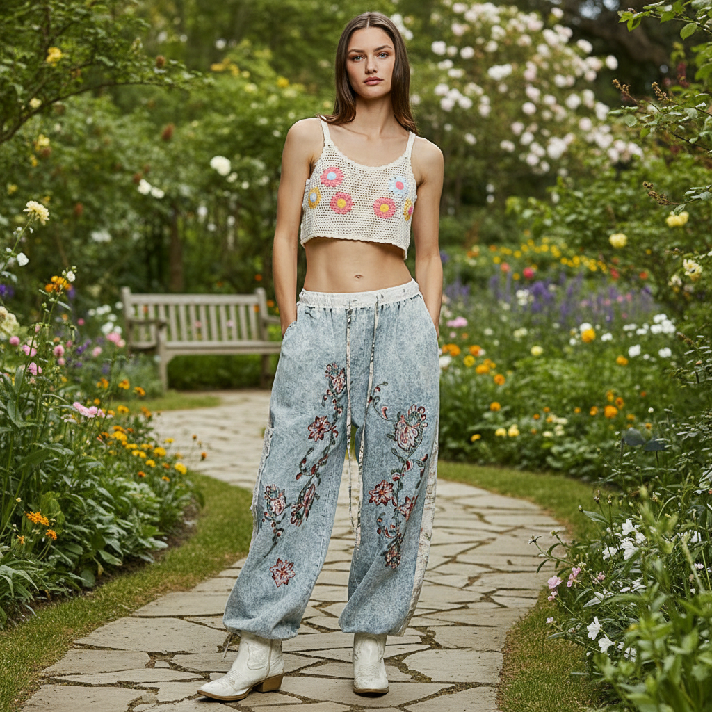 Denim wide leg pants styled with model in relaxed outdoor setting - BellanBlue