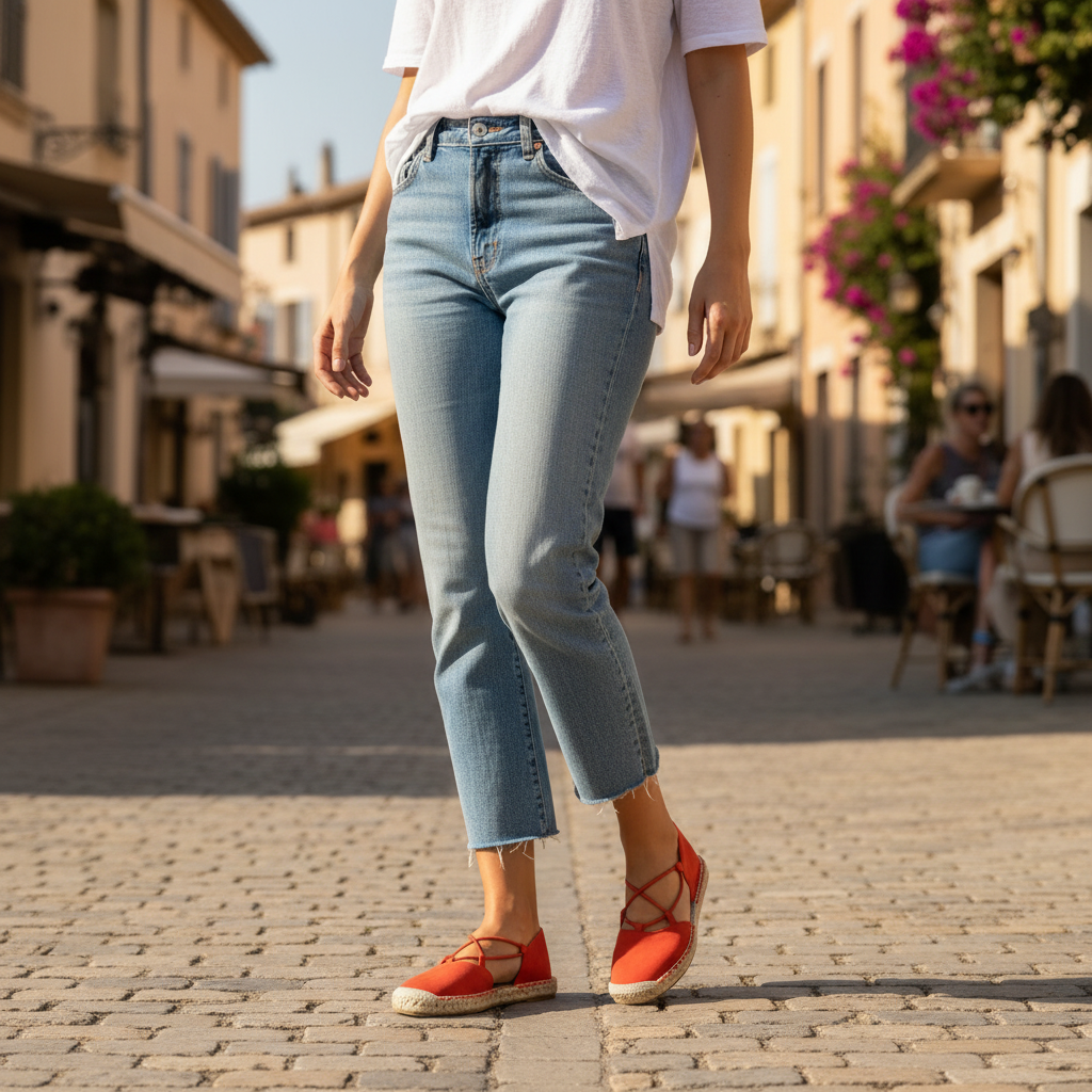 Woman wearing blood orange espadrille flats with braided jute sole and X-strap instep, walking on a cobblestone European street with cropped denim and white tee