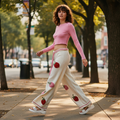 Women's POL cream knit wide-leg strawberry pants walking city sidewalk, pink waistband tie