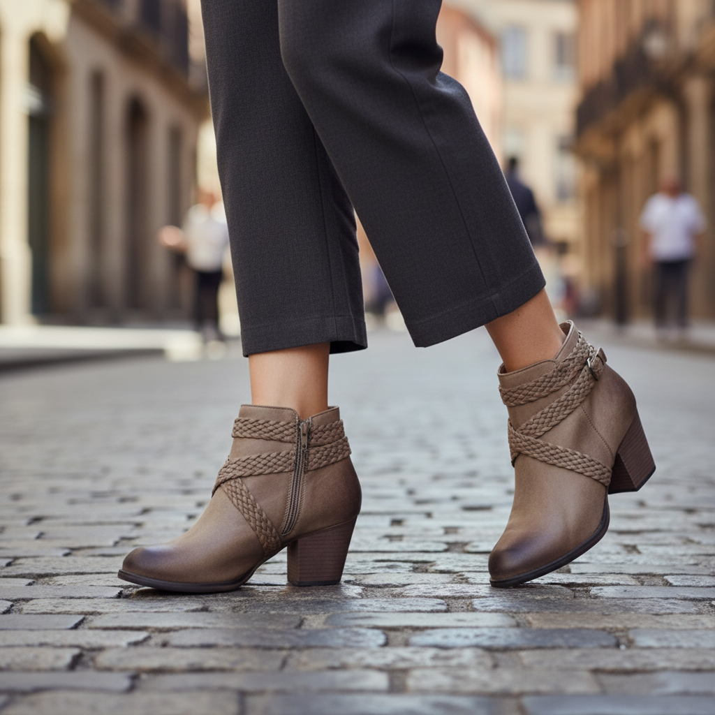 Woman walking in BellanBlue Lazzaro-2 taupe ankle booties on cobblestone street, mid-stride